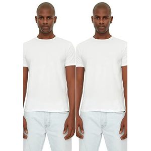 Trendyol Heren wit mannelijke basic slim fit 100% katoen 2 verpakking ronde kraag korte mouwen T-shirt, wit, klein