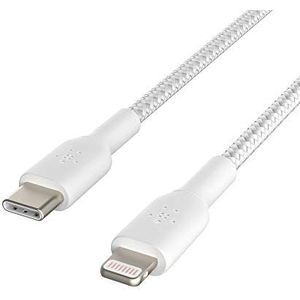 Belkin gevlochten USB-C/Lightning-kabel (iPhone-snellaadkabel voor iPhone 14 en ouder) Boost Charge MFi-gecertificeerde iPhone USB-C-kabel (2 m, wit)