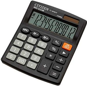 Citizen Rekenmachine SDC812 NR met grijze cijfers, tafelrekenmachine, werkt op batterijen, dubbele zonne- en batterijvermogen, zwart