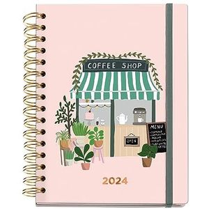 Miquelrius - Jaarplanner 2024 Coffee Lovers, weekoverzicht, plus grootte 155 x 213 mm (vergelijkbaar met A5), hardcover, spiraalbinding, rubberen sluiting, meertalig, Coffee Shop roze