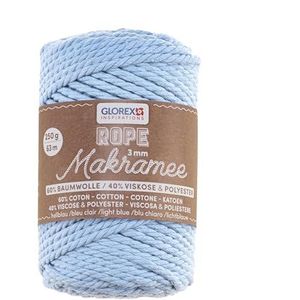 GLOREX 5 1007 33 - Macramé touw 3 mm, 250 g, lichtblauw, lengte 63 m, gedraaid, textielgaren van 60% katoen, 40% viscose, voor haken, breien, knopen en textieldesign