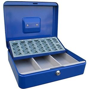ACROPAQ Geldkistje - Medium geldkist met sleutel, 30 x 24 x 9 cm, Metaal - Geldkluis met muntsorteerder - Blauw