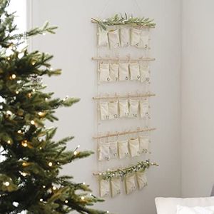 Ginger Ray Scandinavische rustieke stoffen adventskalender zakken kerstdecoratie met faux gebladerte - 24 zakken, NN-133, crème