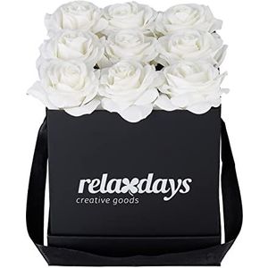 Relaxdays Rozenbox vierkant, 9 rozen, stabiele bloemenbox, zwart, lang houdbaar, cadeau-idee, decoratieve bloemenbox, wit