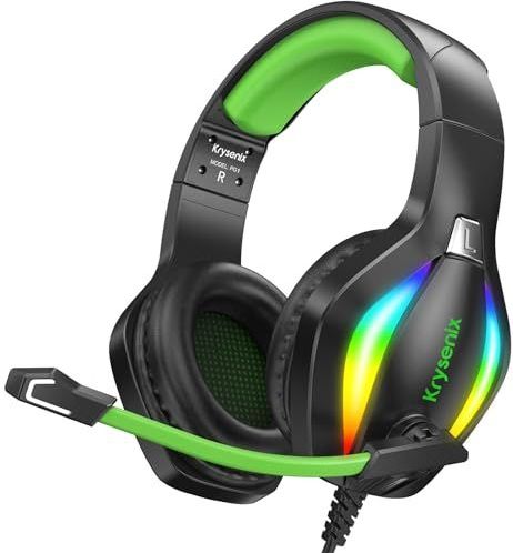 Krysenix PG1 Gaming Headset voor PS4/PS5/PC/Xbox/Nintendo Switch, Xbox One Headset met AI Stereo Microfoon Geluid, Computer Headset met 3,5 mm Jack & RGB Licht Zwart/Groen