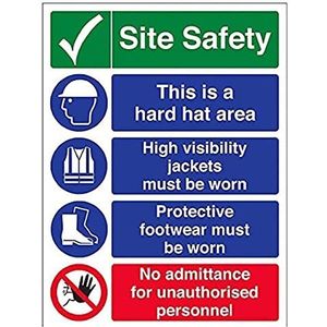 VSafety 6C023BC-R ""Multi Hazard Site Safety/No Admittance"" waarschuwingsbord, stijf kunststof, portret, 300 mm x 400 mm, zwart/blauw/groen/rood