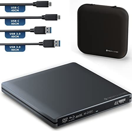 techPulse120 Externe USB 3.1 Type-C UHD Blu-Ray CD DVD brander van aluminium voor computer, Windows MacOS Deluxe Pack grijs