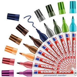 edding 3000 permanent marker - diverse kleuren - set van 10 - ronde punt 1,5-3 mm - sneldrogende permanent markers - water- en wrijfvast - voor karton, kunststof, hout, metaal, stof - markeerstiften