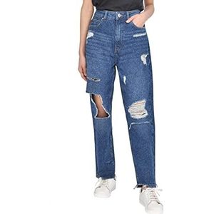 M17 Womens Dames Denim gescheurde Hem Rip Mom Jeans Hoge Taille Klassieke Casual Katoen Broek Broek met Zakken, Donker wassen Blauw, 34 NL