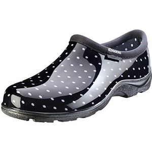 Sloggers Waterdichte tuinschoen voor dames, outdoor slip-on, regen en tuin, clogs met premium comfort ondersteunende binnenzool, (polka dot zwart en wit), maat 46