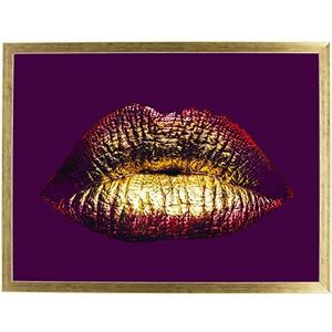 Postergaleria Design poster | 40x50cm | met gouden fotolijst | gouden lippen op een paarse achtergrond | Afbeeldingen voor keuken, kantoor, woonkamer of slaapkamer | verguld