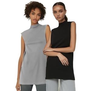Trendyol Dames bescheiden getailleerde Basic staande kraag gebreide bescheiden tunieken, Zwart-grijs, XL