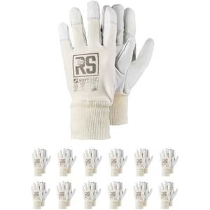 RS Soft TEC 10 montagehandschoenen, versterkt geitenleer, maat 10, 12 paar, wit, montagehandschoenen, werkhandschoenen, leer, heren en dames, robuuste leren handschoenen, beschermende handschoenen