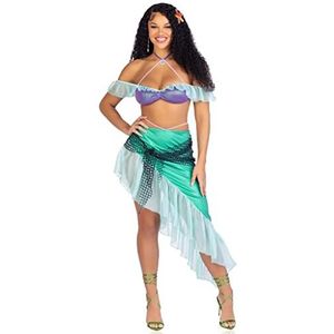 Leg Avenue 3 PC Spellbound Mermaid, includes pearl halter iridescent bra top with chiffon ruffle sleeve, asymmetrical skirt with pearl waist tie and iridescent net wrap, and sea star hair clip
