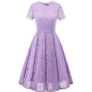 DRESSTELLS Elegante midijurk voor dames, met korte mouwen, bruiloft, kanten jurk, bruidsmeisjesjurk, rockabilly-jurk, cocktailjurk, avondjurk, baljurk, doopjurk, lavendel,