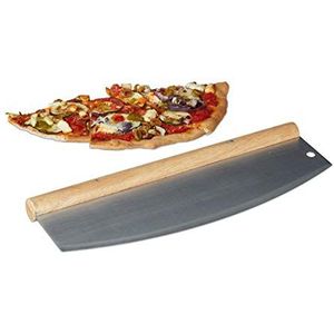Relaxdays pizza wiegemes, van roestvrij staal, met houten handvat, HxB: 12 x 35 cm, pizzasnijder, pizzames, zilver