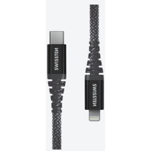 Swissten - Extreem robuuste USB-C/Lightning-kabel - versterkt Kevlar vezel - Oplaadkabel en datakabel - Ondersteunt snel opladen tot 60 W - 1,5 m - Zwart