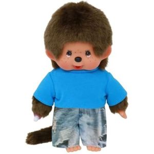 Sekiguchi 253852 - Originele Monchhichi jongen met spijkerbroek en T-shirt, ca. 20 cm grote knuffel van bruin pluche