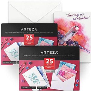 Arteza Blanco kaarten met envelop, 12,7 x 17,5 cm, 50-delige set witte kaarten van zwaar, 300-grams papier van 100% katoen, Kaartenset voor o.a. bedankkaartjes, uitnodigingskaarten en wenskaarten