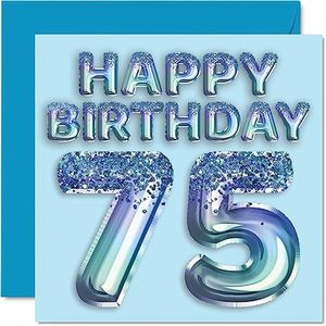 75e verjaardagskaart voor mannen - blauwe glitter feestballon - gelukkige verjaardagskaarten voor 75-jarige man overgrootvader opa papa Gran, 145 mm x 145 mm vijfenzeventig vijfenzeventig wenskaarten
