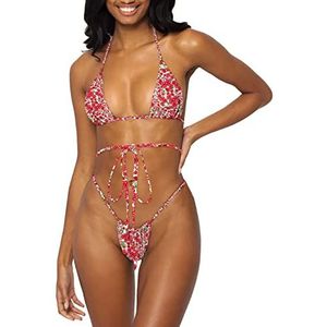 Vrouwen Halter String Bikini Set Sexy Thong Brutale Tweedelige Badpakken Effen Kleur Badmode, Rode Bloem, S