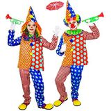 Widmann 48636 48636-kinderkostuum clown, bovendeel met kraag, broek, hoed, circus, pretmaker, themafeest, carnaval, uniseks, kinderen, meerkleurig, 128 cm / 5-7 jaar