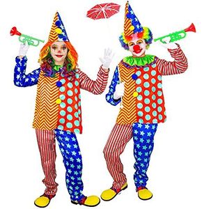 Widmann 48636 48636-kinderkostuum clown, bovendeel met kraag, broek, hoed, circus, pretmaker, themafeest, carnaval, uniseks, kinderen, meerkleurig, 128 cm / 5-7 jaar