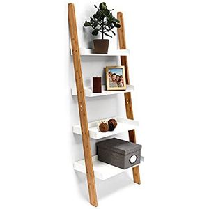Relaxdays ladderrek Bamboo, 4 planken, bamboe, hoog, woonkamer, werkkamer, staand rek, HBD: 144 x 56 x 34 cm, natuur/wit