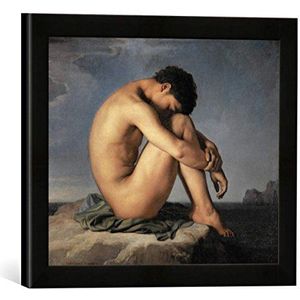 Ingelijste afbeelding van Hippolyte Flandrin ""Jeune homme nu assis sur un rocher. Figure d'etude"", kunstdruk in hoogwaardige handgemaakte fotolijst, 40x30 cm, zwart mat