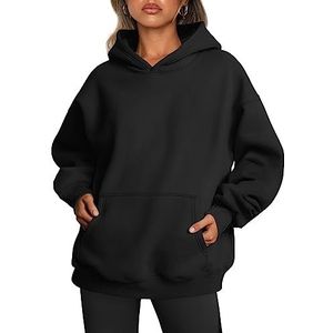 Trendy Queen Oversized hoodies voor dames fleece sweatshirts lange mouwen truien trui herfstkleding met zak, Zwart, XS