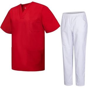 MISEMIYA - Gezondheidsuniform, uniseks, medische gezondheiduniformen met witte broek, 817-8312-wit, Rood, XS