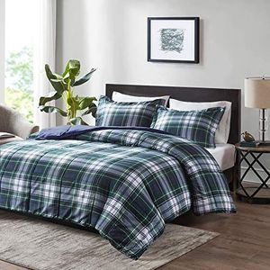 Madison Park Essentials Parkston plaid dekbedovertrek bijpassende kussensloop, 3M Scotchguard vlekvrijgavebescherming, hypoallergeen beddengoed voor alle seizoenen, hele/koningin, marineblauw, 3-delig