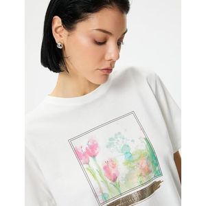 Koton Dames Crew Neck Korte Mouw Bloemen Gedrukt T-shirt, wit (000), M