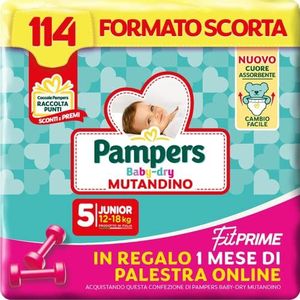 Pampers Baby Dry slipje & Fit Prime Junior, maat 114 luiers, maat 5 (12-18 kg), 1 maand gratis online fitnessstudio