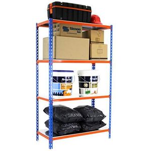 Simonrack Simonclick Opbergrek en 4 niveaus, 200 kg, draagkracht en buigpunt, 1500 x 1200 x 500 mm, rek voor zware belasting, garagerek, blauw/oranje/verzinkt