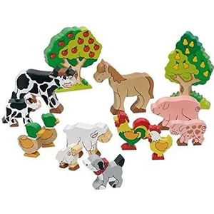 goki 53034 - houten boerderijdieren voor kinderen, kippen, varkens, eenden, schaap, hond, paard, educatief speelgoed en dierfiguren voor rollenspellen, speelfiguren, set van 14, vanaf 3 jaar