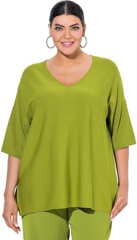 Ulla Popken - Trui - Grasgroen - V-hals - Halve Mouw - Losse Pasvorm