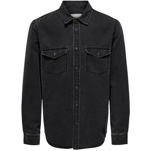 ONLY & SONS Heren jeanshemd normale snit hemdkraag overhemd, Donkergrijs denim, S