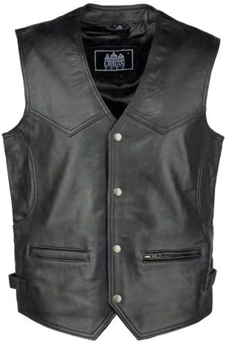 URBAN 5884 Billie Style Motorvest voor heren, comfortabel rundleer, bikervest met knoopsluiting, Zwart, 5XL