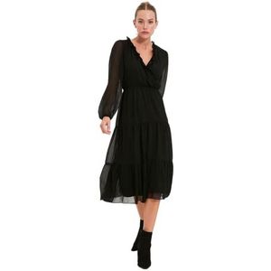 Trendyol Dames vrouw Midi A-lijn V-hals geweven jurk, zwart, 38, Zwart, 64