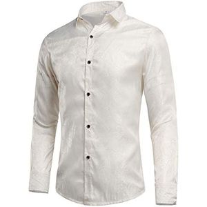 Allthemen Mannen Paisley Shirt Jacquard Shirts voor Mannen Jurk Shirts Lange Mouw Button Down Kraag Casual Smoking Shirts, Wit, S
