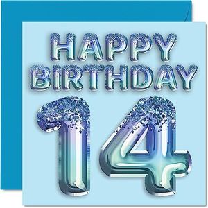 14e verjaardagskaart voor jongens - blauwe glitter feestballon - gelukkige verjaardagskaarten voor 14-jarige jongen kleinzoon zoon broer neef, 145 mm x 145 mm veertien veertiende wenskaarten cadeau