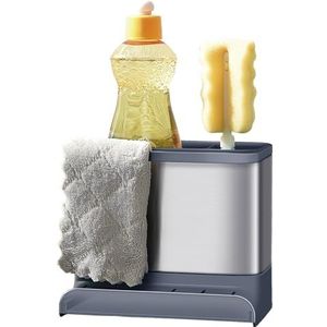 Amig Noxi Spoelbak-organizer, 15,4 x 11,4 x 18 cm, roestvrij staal en robuuste kunststof, grijs, spons-, borstel- en reinigingsmiddelhouder met afneembaar dienblad