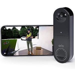 Arlo Essential draadloze video deurbel met camera, directe mobiele oproep, 1080p HD, 180˚ nachtzicht, sirene, bewegingsdetectie, 2-weg-audio, incl. proefp. Arlo Secure, 1 deurbel, zwart