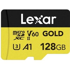Lexar GOLD 128GB Micro SD Kaart, microSDXC UHS-II Flash geheugenkaart, V60, U3, A1, C10 microSD-kaart, tot 280 MB/s Lezen, voor drone/actiecamera/UHS-II draagbaar gamingapparaat (LMSGOLD128G-BNNNG)