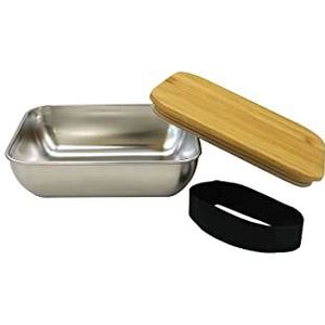 Fackelmann 683332 lunchbox voor magnetron, roestvrij staal, 700 ml, lunchbox voor de lunch, roestvrij staal, deksel van bamboe, 17 x 13 x 5,5 cm