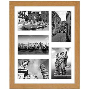 Americanflat 11x14 collage fotolijst in eiken met vijf 4x6 beeldschermen - versplinterbestendig glas horizontale en verticale formaten voor muur