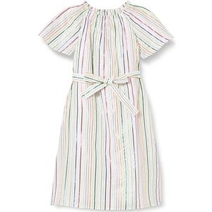 Mimo Meisjesjurk met korte mouwen, casual jurk, Witte meerkleurige strepen, 128 cm