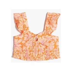 Koton Meisjes's Linnen Crop Mouwloze Bloemenprint Gedrukt Geborduurd Detail Blouse, oranje design (2d0), 6-7 Jaar