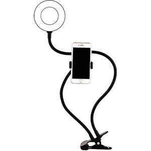WE Led-ringlamp met universele telefoonhouder en klem om op te hangen, 3 kleurmodi en 10 helderheidsmodi, flexibele arm, aansluiting via USB-poort.